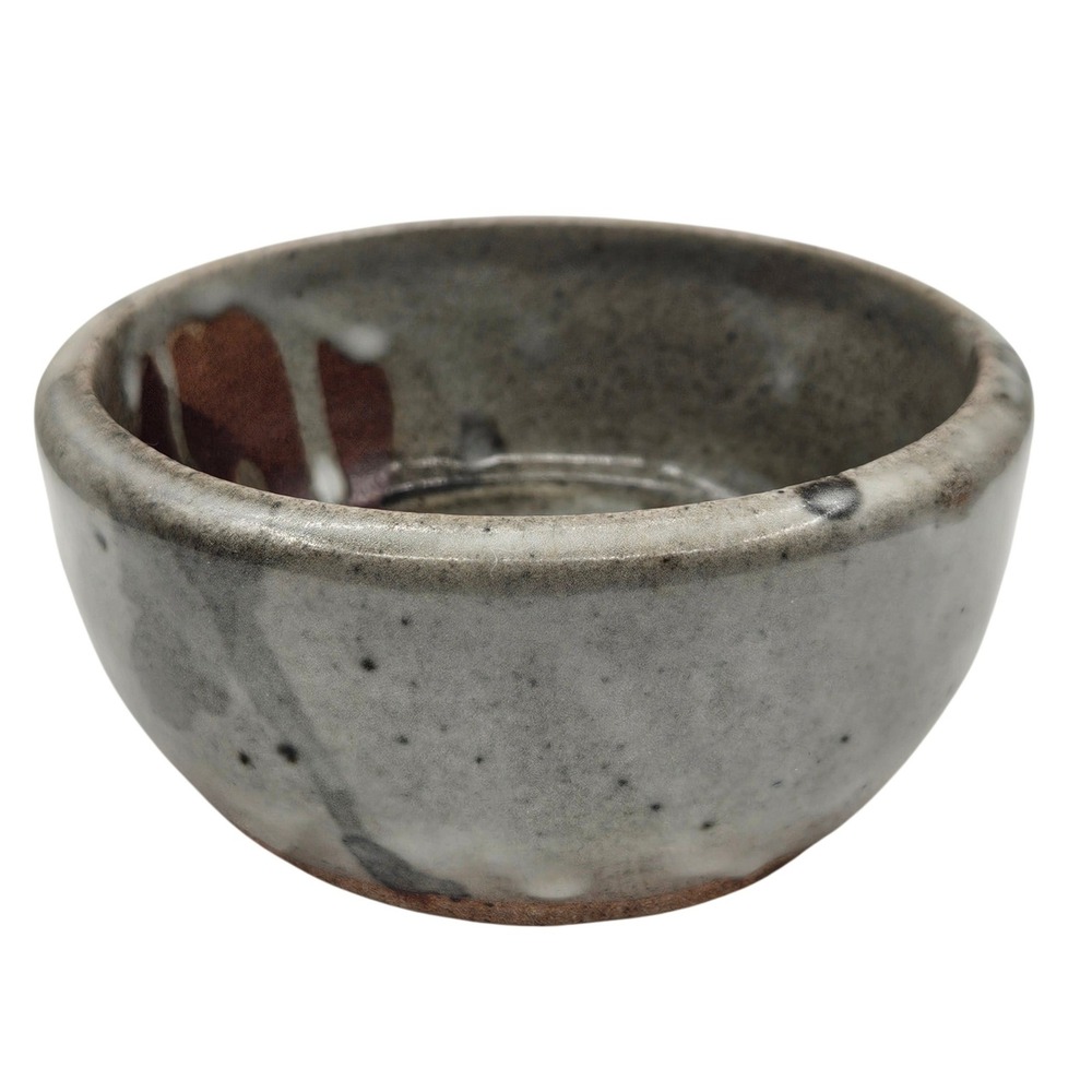 Studio Pottery Handthrown Stoneware Bowl Gray Brown Abstract Drip Wabi Sabi 4.5"